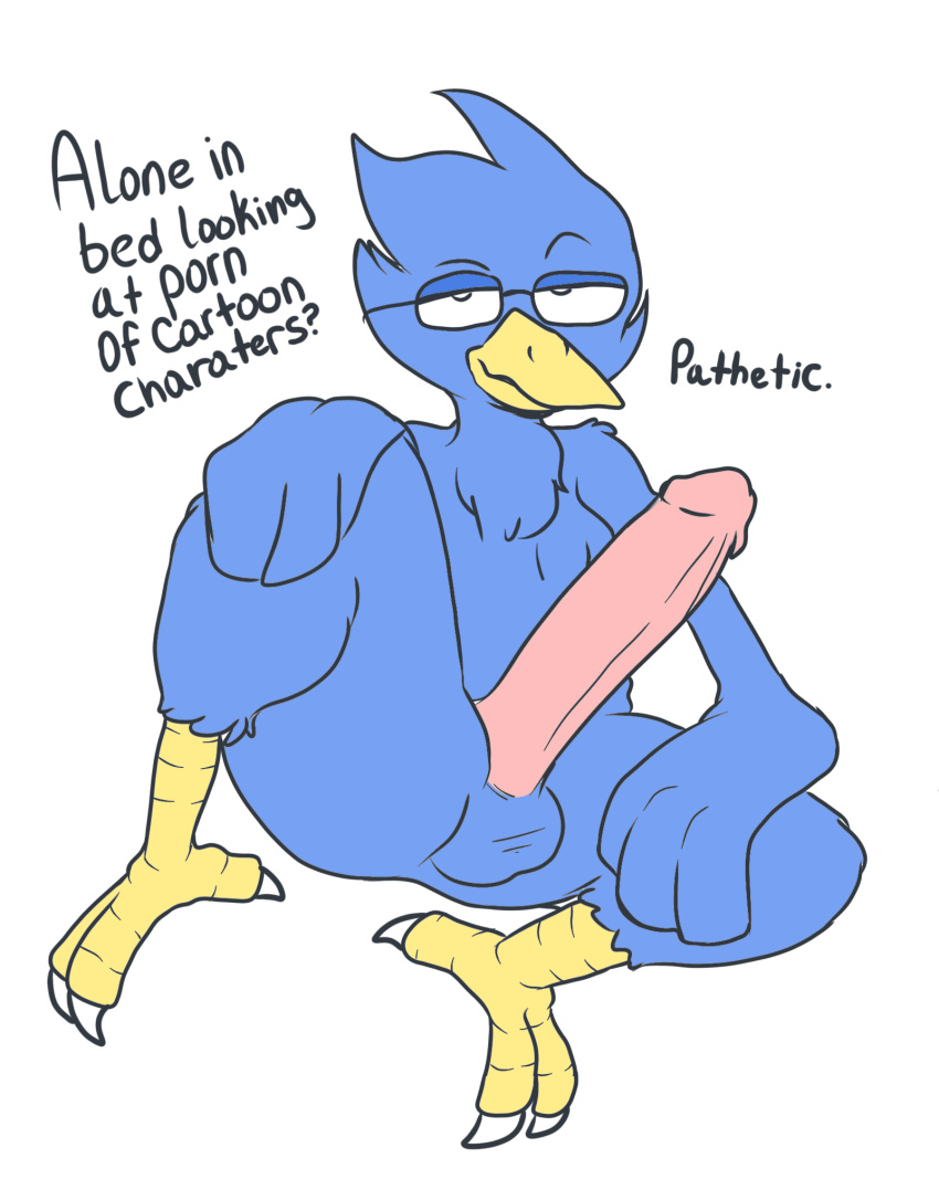 1boy avian berdly big_penis blue_feathers degradation deltarune faetomi funny furry male_only solo spread_legs