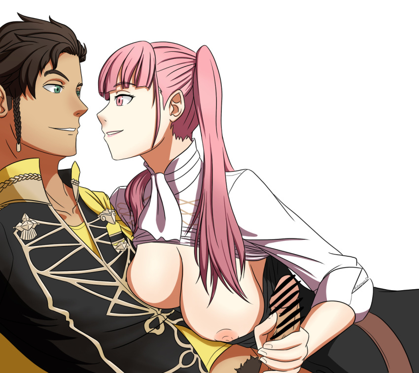 1boy 1girls breasts breasts_out brown_hair claude_von_riegan clothed_sex dark-skinned_male dark_skin fire_emblem fire_emblem:_three_houses garreg_mach_monastery_uniform green_eyes handjob hilda_valentine_goneril jellycat large_breasts long_hair nintendo pink_eyes pink_hair pointless_censoring pubic_hair straight twintails uniform