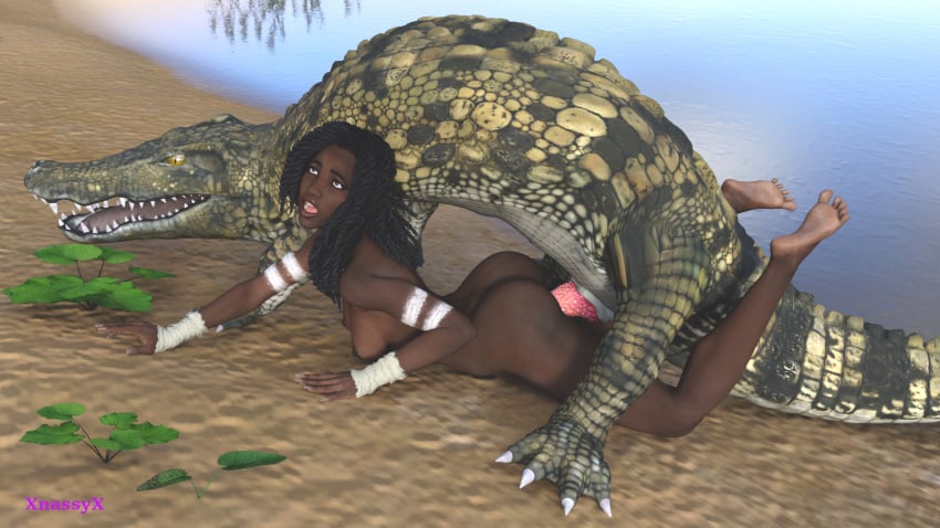 16:9 3d 5_toes bad_id bad_pixiv_id black_hair breasts crocodile crocodilian crocodylid dark_nipples dark_skin duo feet female female_on_feral female_penetrated feral from_behind_position hair hi_res human human_on_feral humanoid_feet interspecies lips lying male male_penetrating mammal nipples nude on_front outside penetration penis reptile scalie sex soles straight toes water xnassyx zoophilia