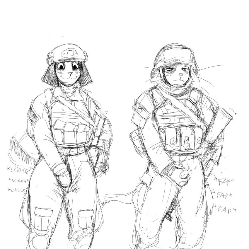 1:1 2019 anthro armor bucky_(hladilnik) canid canine canis clothing dialogue domestic_cat domestic_dog duo english_text felid feline felis female headgear helmet hi_res hladilnik male mammal masturbation military penis samantha_thott simple_background text