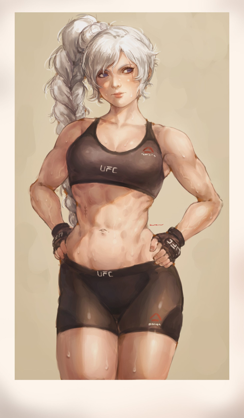 1girls abs female female_only highres mma mma_gloves muscles muscular muscular_female prinzkuon rooster_teeth rwby solo spats sports_bra sweat ufc weiss_schnee