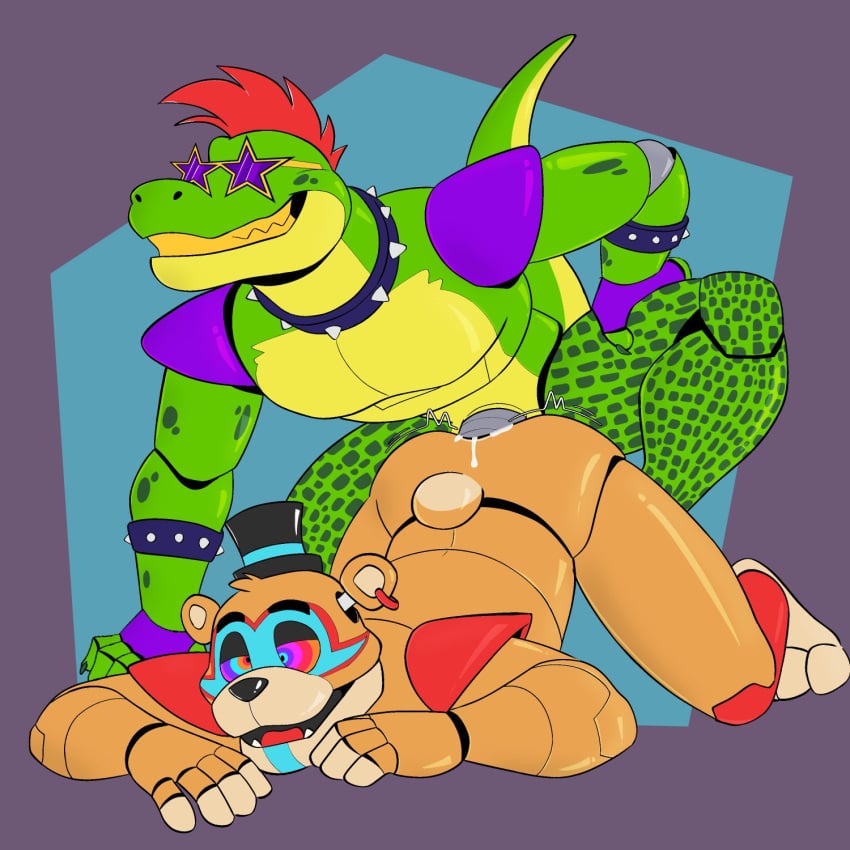 2025 anal anal_sex anthro bear bodily_fluids clothing collar cum duo eyewear five_nights_at_freddy's five_nights_at_freddy's:_security_breach genital_fluids glamrock_freddy glamrock_freddy_(fnaf) glasses green_body hair hat headgear headwear hi_res hypnosis male male/male malyrn mammal mind_control montgomery_gator montgomery_gator_(fnaf) open_mouth penetration red_hair reptile scalie scottgames simple_background smile spiked_collar spikes steel_wool_studios