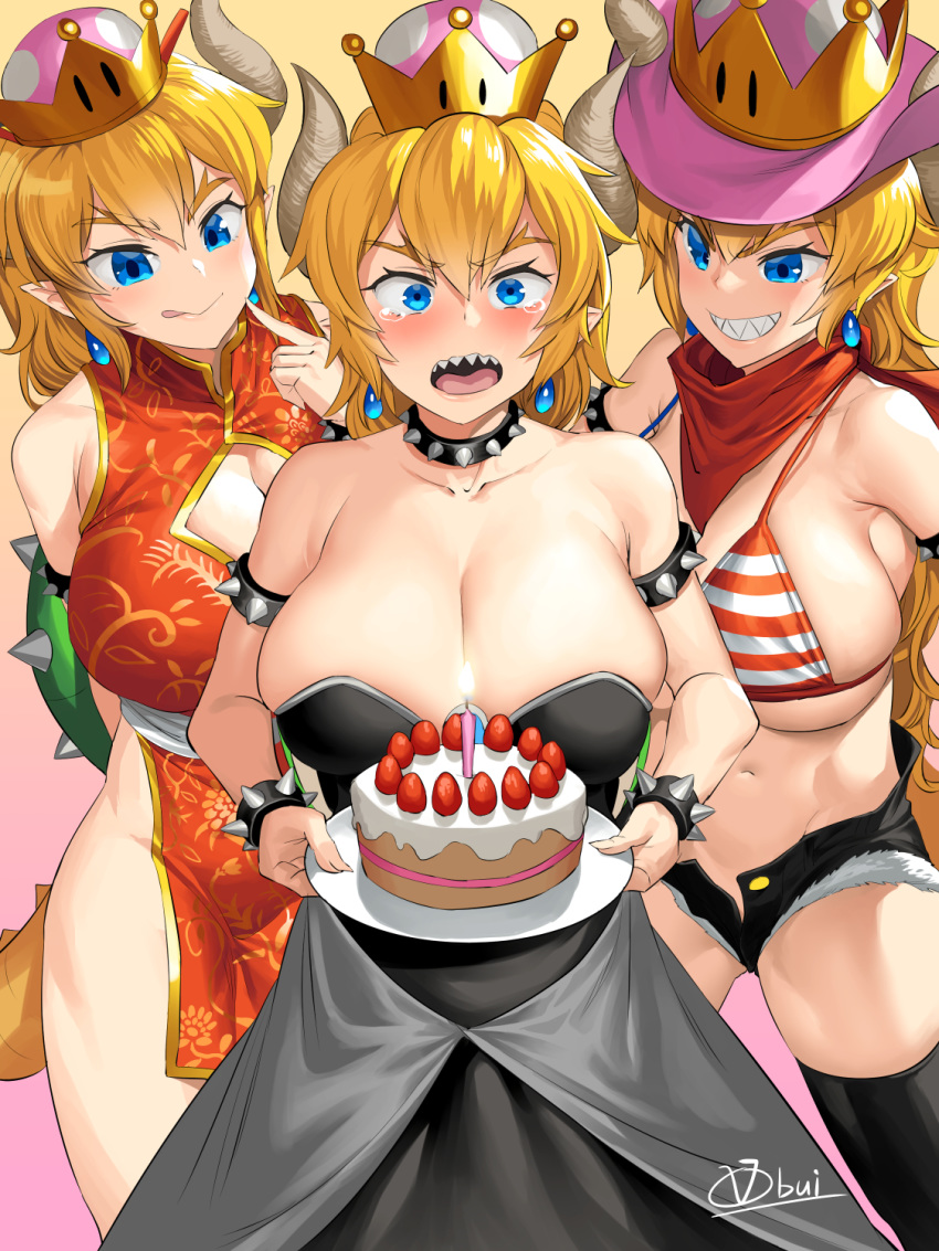 :q armlet bangs bikini_top birthday birthday_cake black_dress black_legwear blonde_hair blue_earrings blue_eyes blush bowsette bracelet breasts cake candle china_dress chinese_clothes cleavage cleavage_cutout collar cowboy_hat crown denim_shorts dress earrings fingernails food genderswap hat highres holding holding_plate horns jewelry large_breasts long_fingernails long_hair mario_(series) multiple_girls navel new_super_mario_bros._u_deluxe nintendo obui open_mouth pink_cowboy_hat plate pointy_ears sharp_teeth short_shorts shorts signature spiked_armlet spiked_bracelet spiked_collar spikes strapless strapless_dress striped striped_bikini_top super_crown tearing_up tears teeth thighhighs tongue tongue_out