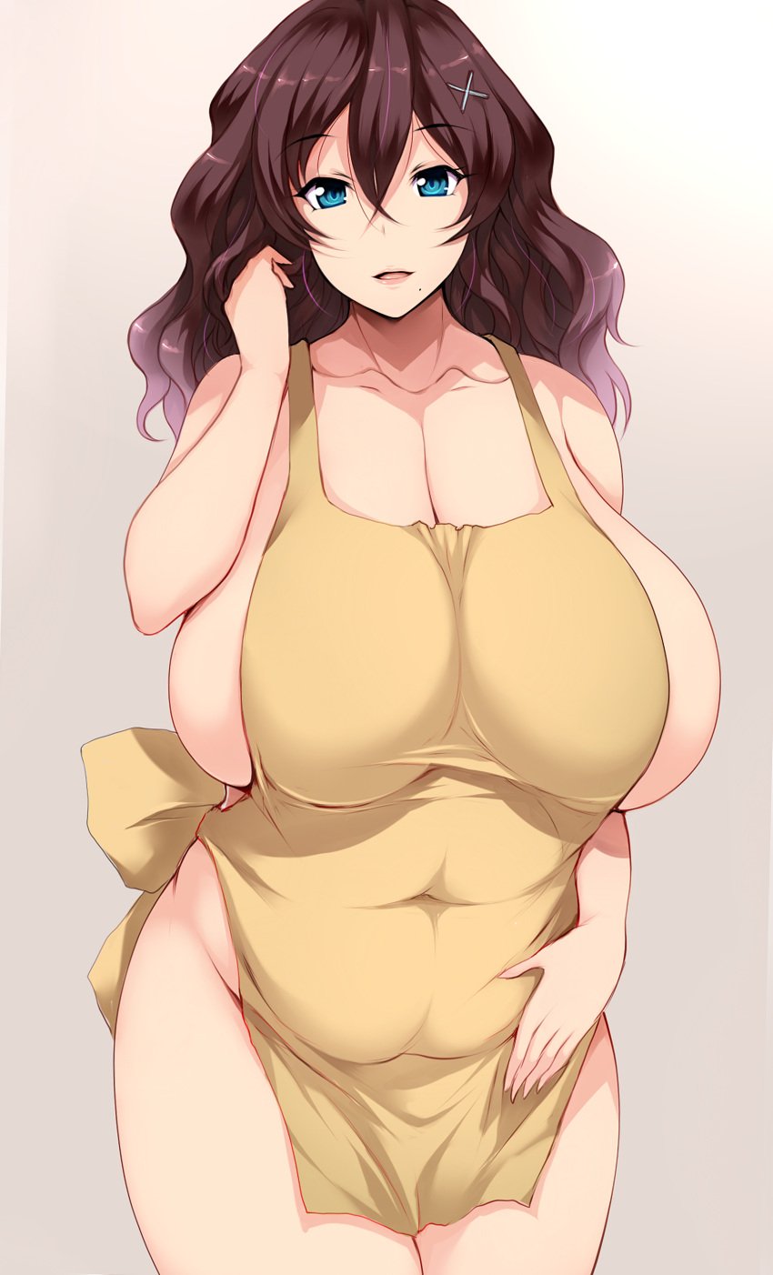 1girls apron bare_shoulders blue_eyes breasts breasts_bigger_than_head brown_hair chubby cleavage covered_navel cowboy_shot curvaceous eyebrows_visible_through_hair female female_only female_solo gegege_no_kitarou gigantic_breasts hair_between_eyes hair_brushing hair_ornament hairpin hand_on_belly high_resolution hip_focus housewife huge_breasts human inuyama_junko jewelry light_smile long_hair looking_at_viewer married_woman mature mature_female mature_woman milf mole mole_under_eye mole_under_mouth mostly_nude mother naked_apron nopan open_mouth parted_lips plump sideboob smile solo solo_female solo_focus standing thick_thighs thighs tsukasawa_takamatsu tsukazawa voluptuous wide_hips