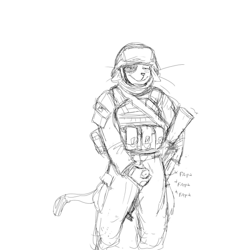 1:1 2019 anthro armor bucky_(hladilnik) clothing domestic_cat felid feline felis headgear helmet hi_res hladilnik male male_only mammal masturbation military penis simple_background solo unprofessional_behavior weapon