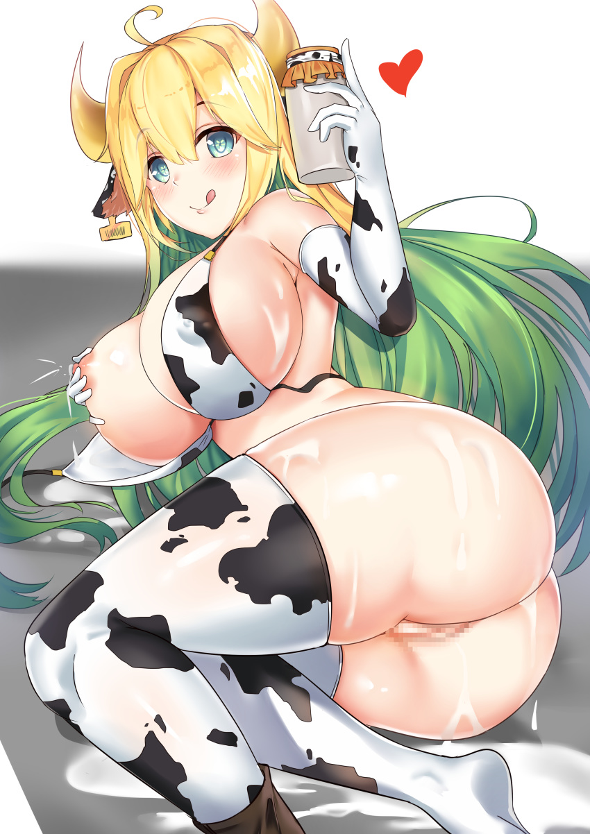 alternate_costume animal_ears blonde_hair censored cow_girl cow_print deogho_(liujinzy9854) elven_forest_maker elven_forest_maker_(cowgirl_bikini) horns lactation last_origin pussy