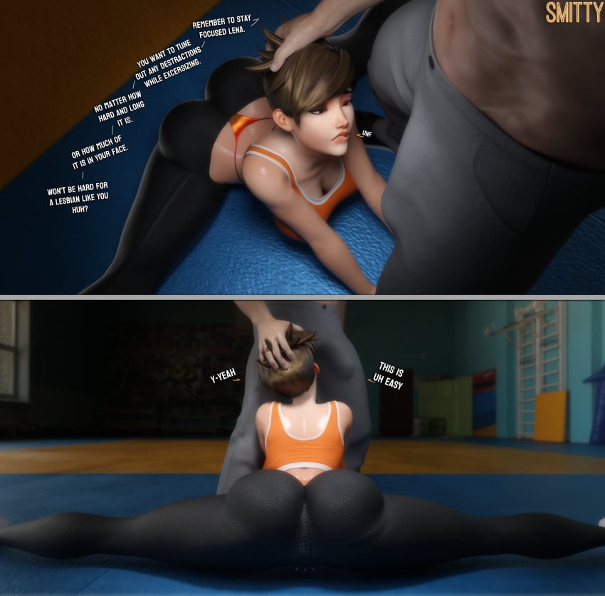 1boy 1girls 3d 3d_(artwork) ass ass_focus big_ass big_breasts big_penis biting_lip biting_own_lip blizzard_entertainment brown_eyes brown_hair bubble_butt bulge bulge_through_clothing cock_hungry english_text female hand_on_head hi_res high_resolution highres horny horny_female imminent_sex large_ass large_breasts large_penis lena_oxton lesbian_pride_colors lesbian_with_male light-skinned_female light-skinned_male male male/female orientation_play overwatch overwatch_2 penis penis_bulge short_hair smitty34 splits text thong tracer yoga_pants