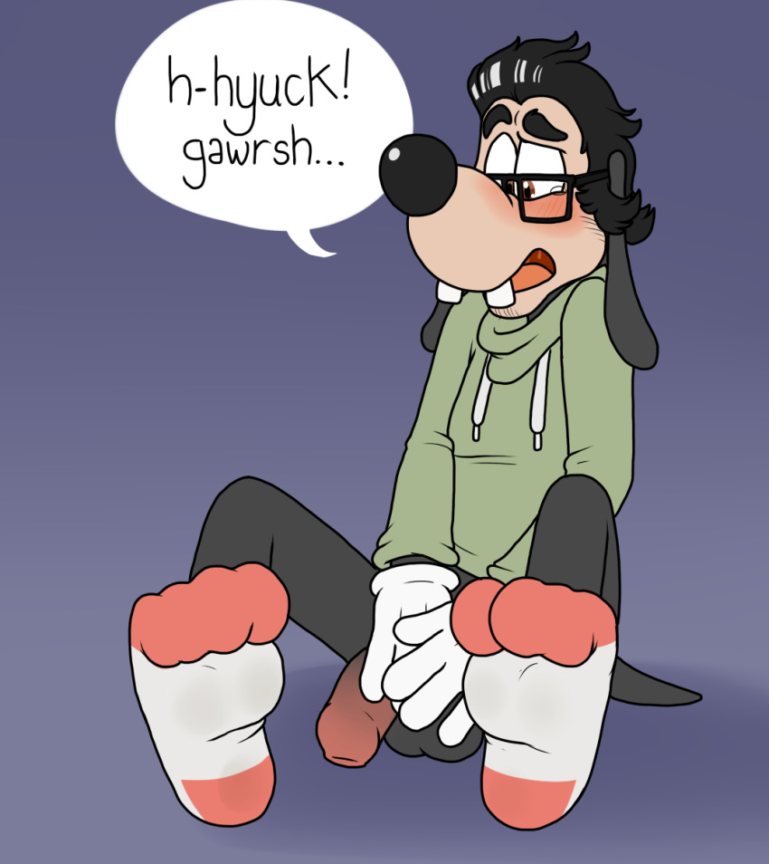 1boy 2019 4_fingers anthro balls black_hair black_nose blue_background blueballs_(artist) blush bodily_fluids bottomless brown_eyes buckteeth canid canine canis clothed clothing covering covering_crotch covering_self disney domestic_dog embarrassed english_text eyewear fingers foreskin glasses gloves goof_troop goofy hair handwear hi_res hoodie humanoid_penis implied_transformation legwear long_foreskin looking_down male male_only mammal multicolored_clothing multicolored_legwear multicolored_socks open_mouth penis post_transformation simple_background sitting socks solo solo_male speech_bubble tears teeth text toony topwear two_tone_clothing two_tone_legwear two_tone_socks uncut white_clothing white_gloves