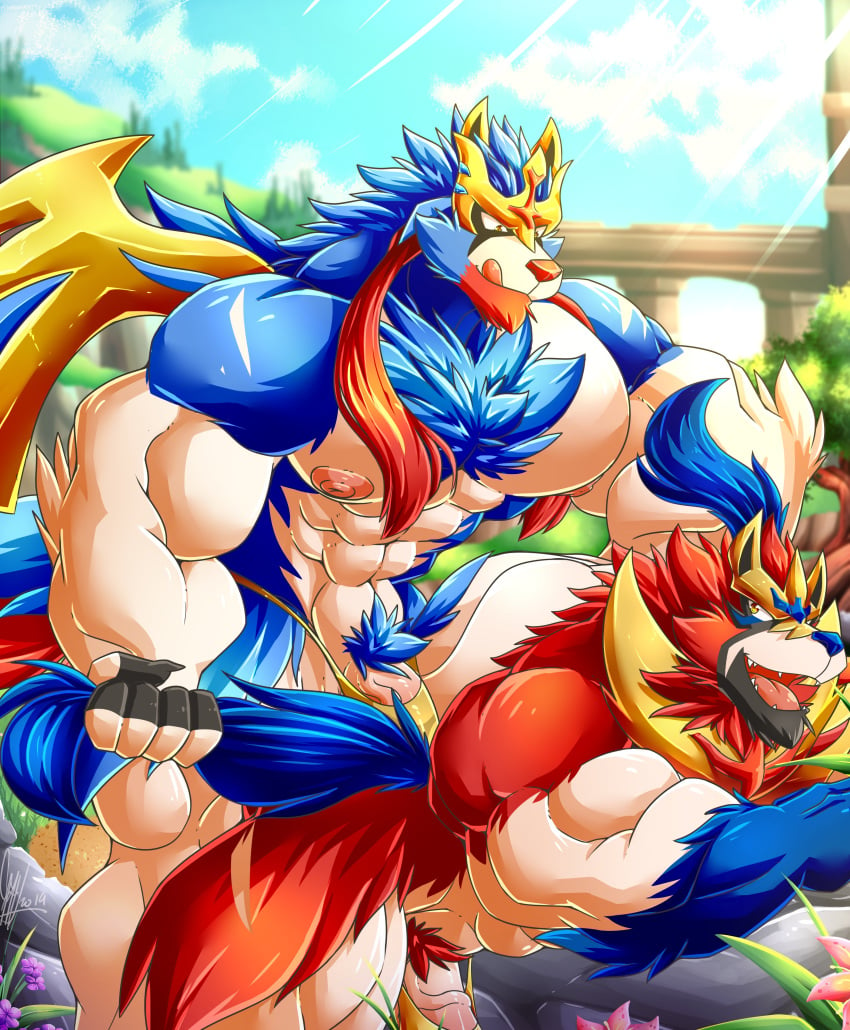 2boys abs absurd_res alternate_color anthro anthrofied bara big_penis big_testicles blue_fur bulge canine clothing daikitei day detailed_background duo front_view furry gay grass hi_res huge_penis imminent_sex large_penis large_testicles legendary_pokémon male male_only mammal muscular muscular_male nintendo nipples original_character outdoors pecs penis pokémon_(species) pokemon pokemon_ss pubic_hair red_fur rock sex sibling spread_legs standing tail tail_grab tail_pull thong veins veiny_penis video_games white_fur yaoi zacian zamazenta