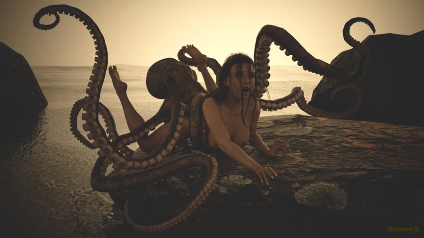 16:9 3d ass breasts brown_hair cephalopod coleoid duo feet female female_on_feral feral from_behind hair human human_on_feral humanoid_feet interspecies lips long_hair lying mammal marine mollusk nipples octopodiform on_front open_mouth sex soles spread_legs tentacle toes water xnassyx zoophilia