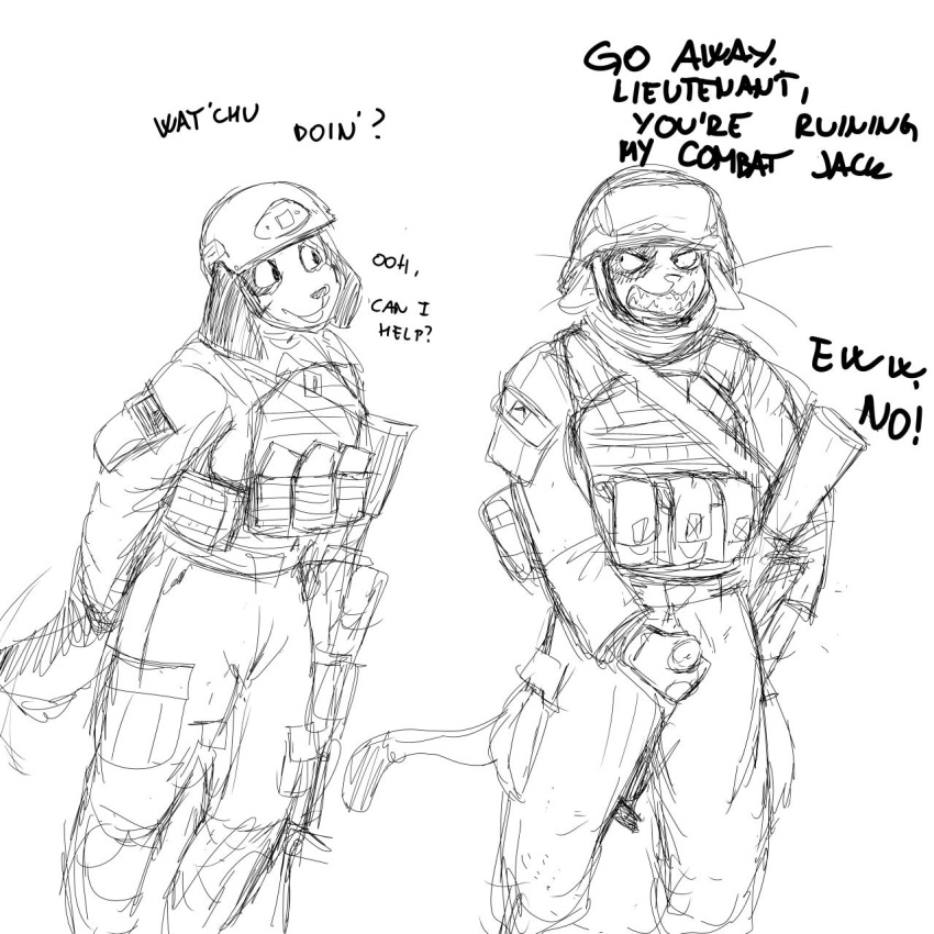 1:1 2019 anthro armor bucky_(hladilnik) canid canine canis clothing dialogue domestic_cat domestic_dog duo english_text felid feline felis female headgear helmet hi_res hladilnik male mammal masturbation military penis samantha_thott simple_background text unprofessional_behavior