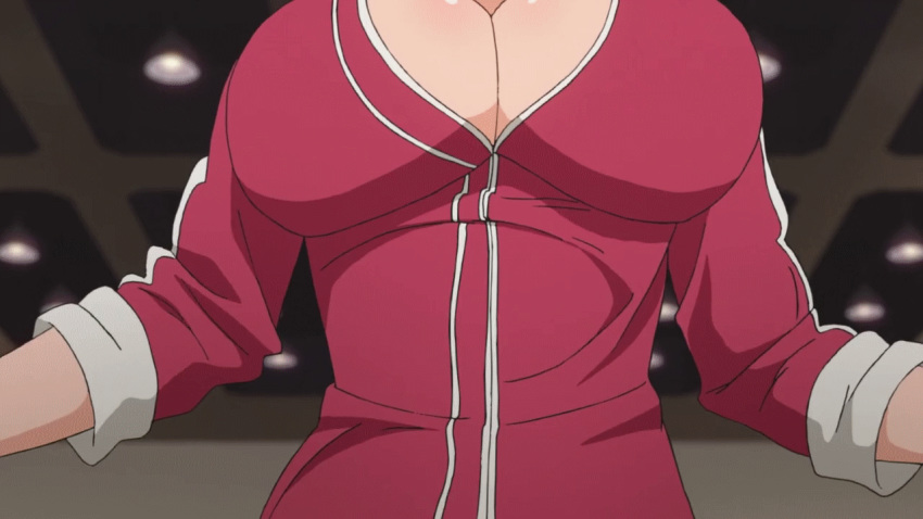 1girls animated bouncing_breasts breasts cleavage female female_only huge_breasts jump_cycle jumping maken-ki! plump rokujou_minori screencap solo solo_female sports_uniform