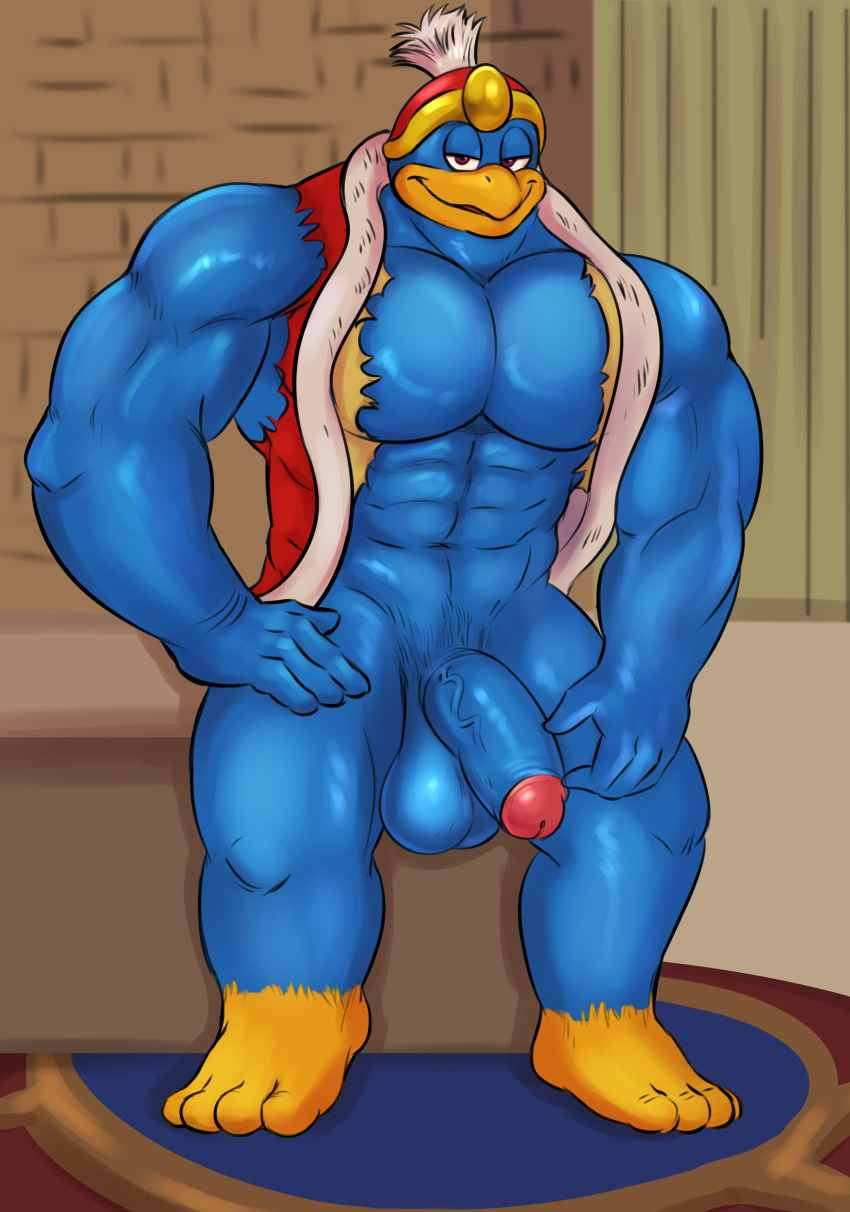 1boy 4_fingers 4_toes abs absurd_res anthro avian balls beak bird blue_balls blue_penis bottomless clothed clothing detailed_background fingers gatorbeast glans hat headgear headwear hi_res humanoid_penis inside king_dedede kirby_(series) male male_only nintendo pecs penguin penis pink_glans red_clothing red_eyes red_hat red_headwear red_topwear sitting smile solo toes topwear torn_clothing vein veiny_penis video_games