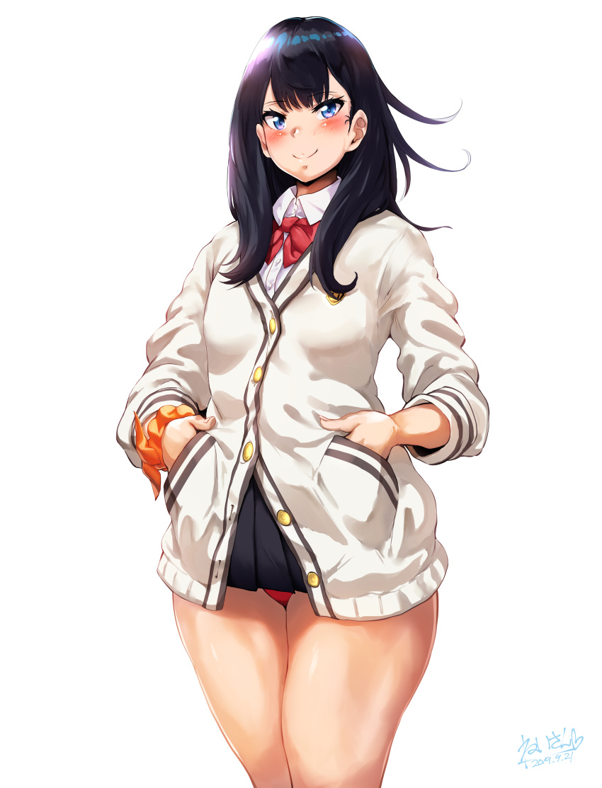 1girls bangs black_hair black_skirt blue_eyes blush bow bowtie breasts buttons closed_mouth collared_shirt female female_focus female_only hands_in_pockets hero_neisan high_resolution large_filesize long_hair long_sleeves looking_at_viewer medium_breasts miniskirt orange_scrunchie pantsu pleated_skirt red_neckwear red_panties school_uniform scrunchie shirt simple_background skirt smile solo solo_female solo_focus ssss.gridman straight_hair sweater takarada_rikka thighs underwear very_high_resolution white_background white_shirt white_sweater wrist_scrunchie