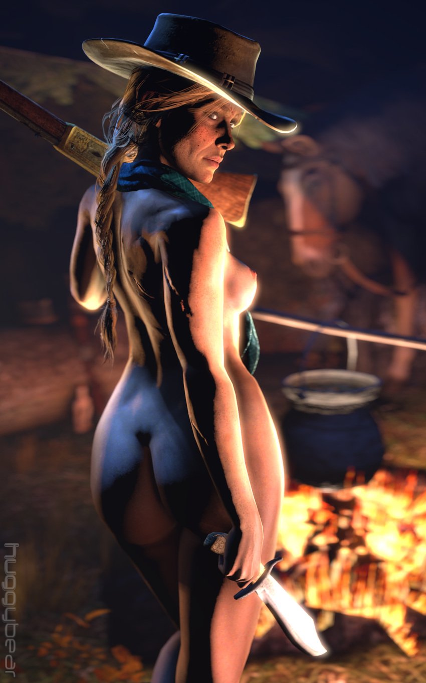 3d ass breasts casual cowboy_hat female firearm gun headwear huggybear human knife nude nudist pale_skin ponytail red_dead_redemption_(series) red_dead_redemption_2 rifle rockstar_games sadie_adler weapon