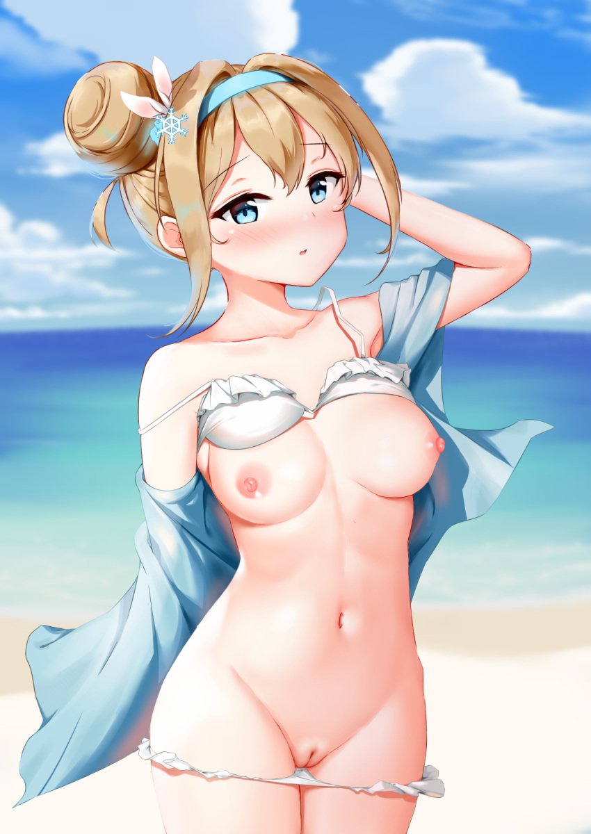 aqua_eyes areolae beach bikini bikini_lift bikini_pull blush breasts brown_hair cloud day decensored female female_focus girls'_frontline hair_bun highres light_brown_hair looking_at_viewer medium_breasts navel nipples ocean open_bikini open_clothes outdoors pussy short_hair sky solo standing suomi_(girls'_frontline) swimsuit third-party_edit uncensored water white_clover_(unfy8472)