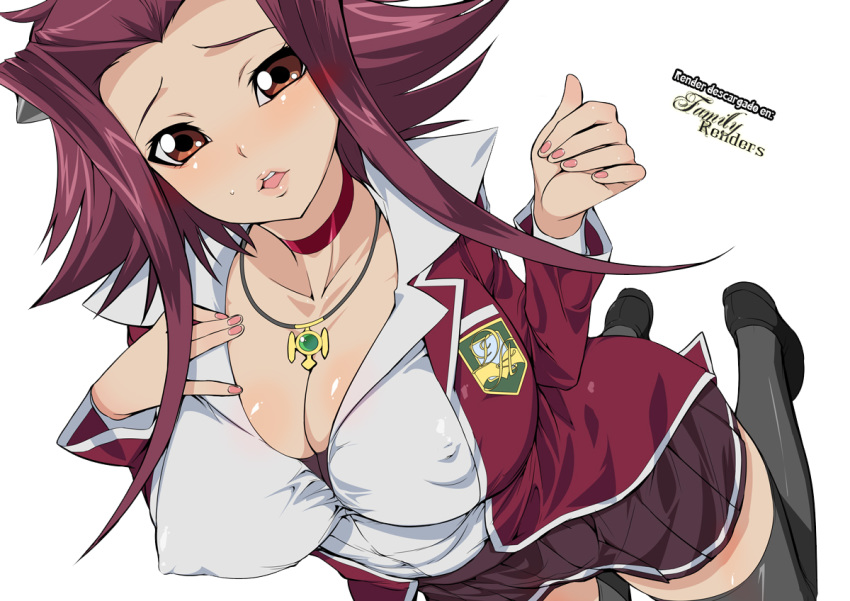 1girls akiza_izinski big_breasts breasts brown_eyes busty cleavage erect_nipples erect_nipples_under_clothes female hair_ornament huge_breasts izayoi_aki kusaka_souji large_breasts legwear looking_at_viewer necklace nipples_visible_through_clothing pink_nails red_hair school_uniform skirt voluptuous yu-gi-oh! yu-gi-oh!_5d's