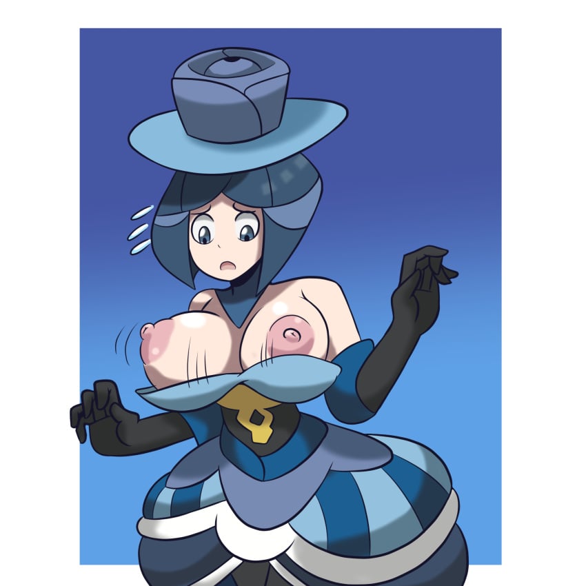 1girls battle_chatelaine blue_hair breasts clothed dress evelyn_(pokemon) iggy-bomb nintendo pokemon pokemon_xy