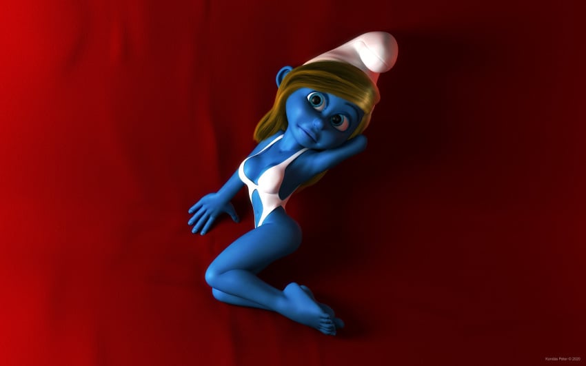 1girls 3d artist_name bare_shoulders barefoot big_breasts blonde_hair blue_eyes blue_lips blue_skin busty curvy detailed_background eyelashes female female_only front_view hat hourglass_figure humanoid kondaspeter looking_at_viewer lying mammal one-piece_swimsuit pose posing shadow shiny shiny_skin smurfette solo swimsuit the_smurfs thong voluptuous wide_hips