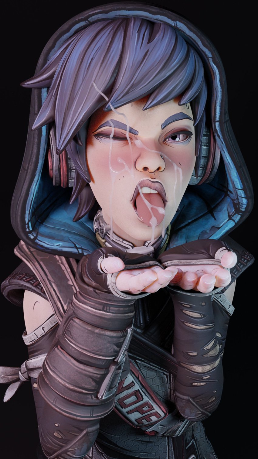 1girl 3d ava_(borderlands) blue_hair borderlands cum cum_in_mouth cum_on_face cum_on_tongue female greemyblend headphones hoodie one_eye_closed solo tongue tongue_out