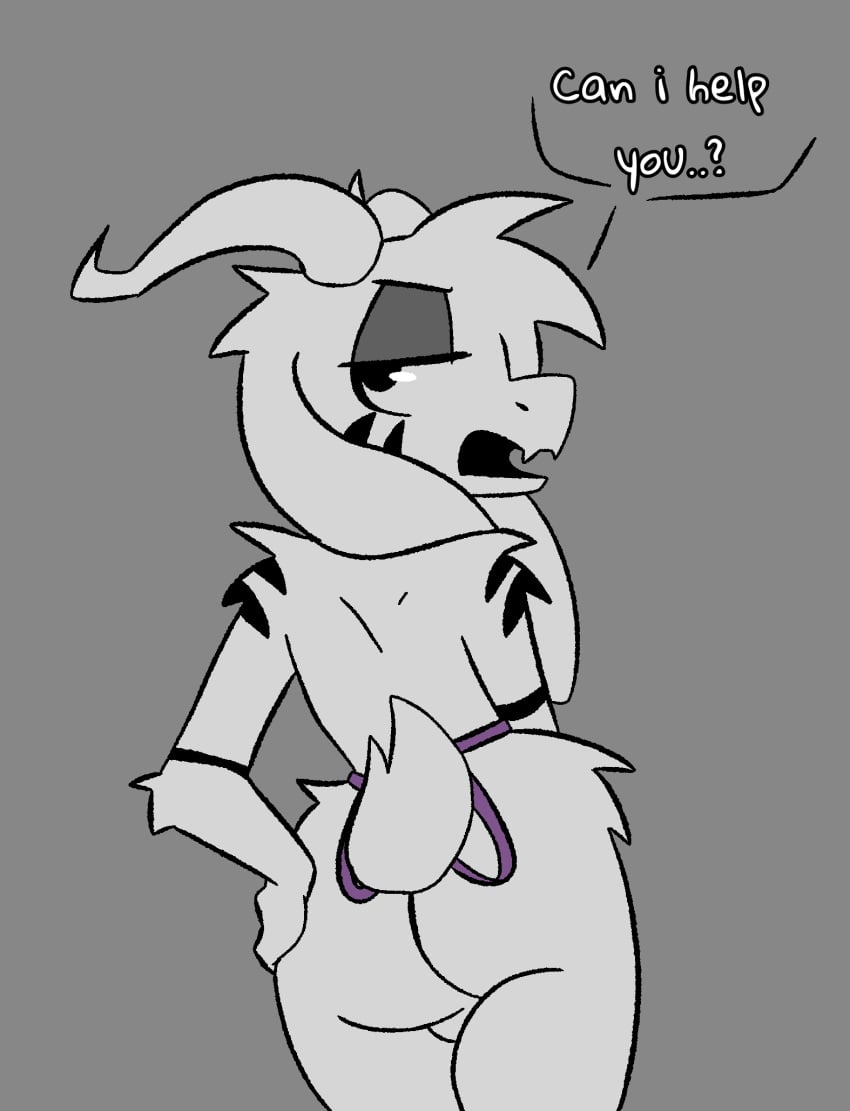 1boy anthro apron arm_tuft asriel_dreemurr_(god_form) ass balls bothered bovid caprine clothing eyeshadow fur genitals goat half-closed_eyes head_tuft hi_res horn makeup male male_only mammal markings narrowed_eyes rear_view shoulder_tuft solo text thatrabiddog tuft undertale undertale_(series) white_body white_fur