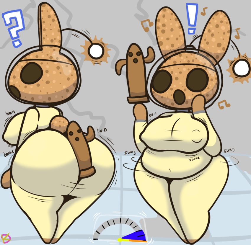 ? animal_crossing anthro ass bent_over big_breasts big_butt bodysuit bouncing_butt breasts bubble_butt clothing coco_(animal_crossing) cosplay crossover erect_nipples female gyroid huge_butt klutzatdusk lagomorph leporid mammal nintendo nipples object_between_ass object_in_ass olimar_(cosplay) pikmin rabbit skinsuit skintight_suit slightly_chubby slightly_chubby_female solo surprised_expression thick_thighs tight_clothing wide_hips