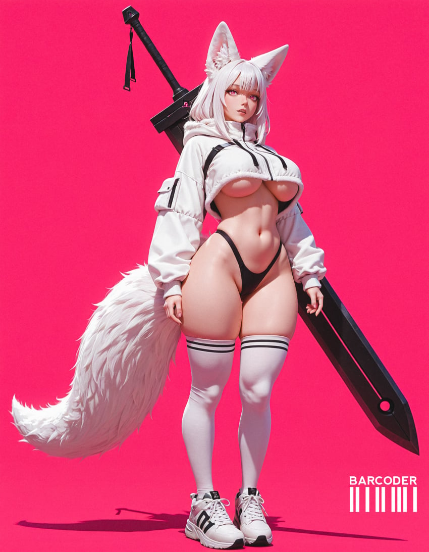 ai_generated barcoder fox_ears fox_girl fox_tail greatsword large_breasts original streetwear tagme thick_thighs underboob white_hair wide_hips