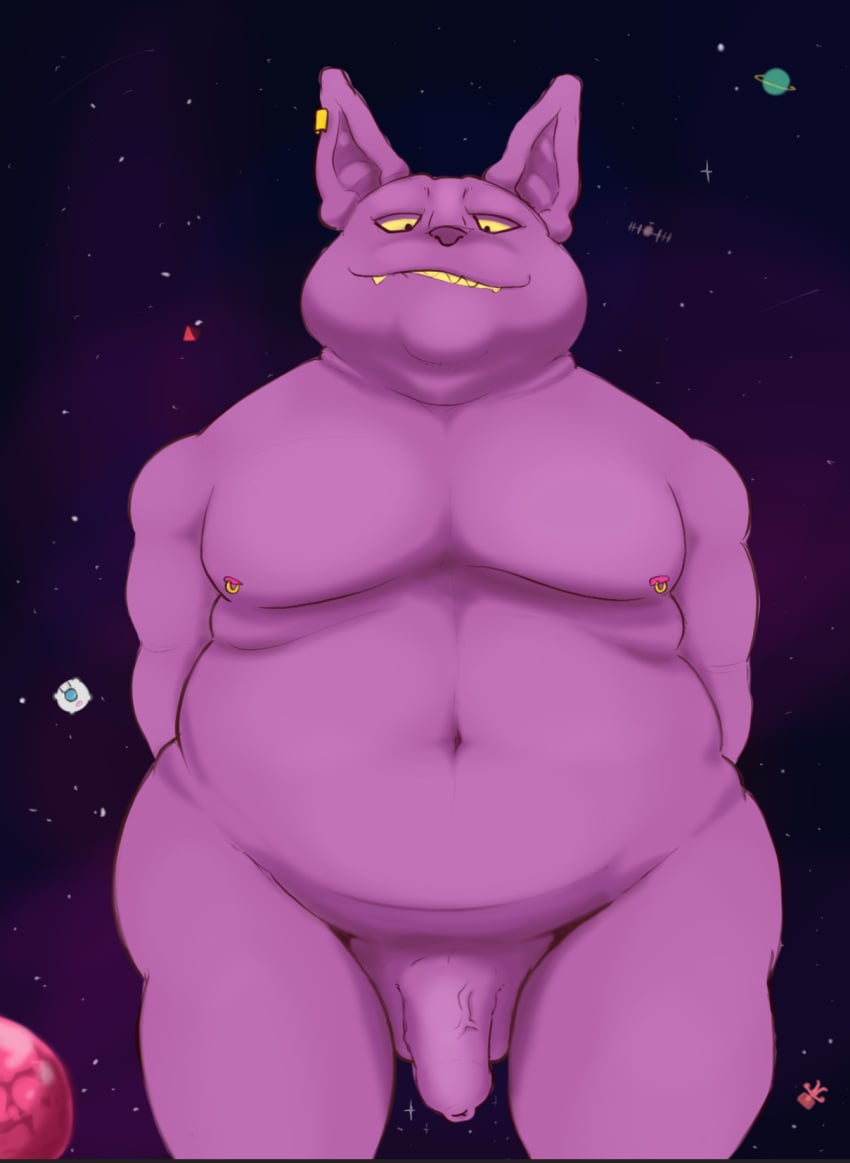 anthro ass big_butt champa dragon_ball dragon_ball_super ear_piercing felid feline foreskin gem genitals hi_res lavir male mammal moobs navel nipple_piercing nipples organs overweight penis piercing planet puffed_cheeks satellite smile smiling_at_viewer smirk smirking_at_viewer solo space spacecraft star stomach thick_thighs vehicle vein veiny_penis