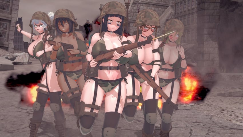 5girls anime_style dark-skinned_female light-skinned_female smile soldiers tagme thick_thighs weapon