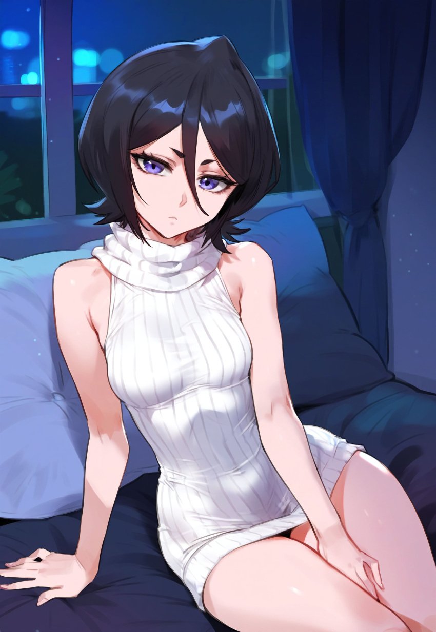 1girls ai_generated black_hair bleach ded_173 kuchiki_rukia kuchiki_rukia petite purple_eyes solo sweater virgin_killer_sweater