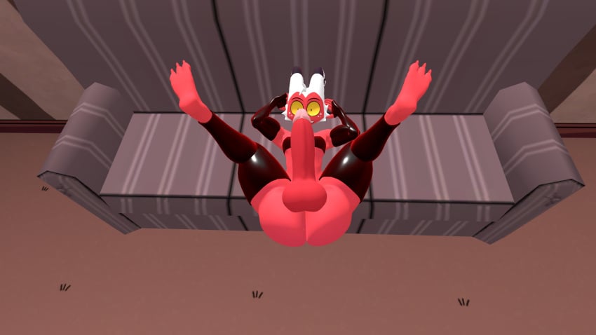 balls cock couch femboy legs_up moxxie_(helluva_boss) posing teasing vrchat_avatar