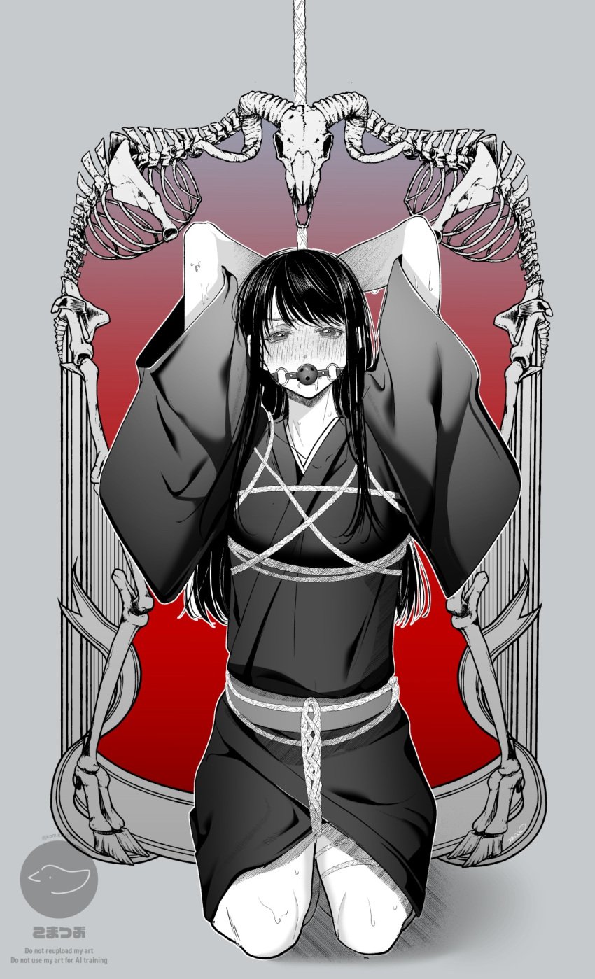 androgynous arms_behind_head arms_up ball_gag blush bondage bone bones femboy full-face_blush full_body gag gagged gintama japanese_clothes katsura_kotarou kimono kneeling komatsubu long_hair long_hair_male looking_at_viewer male male_only monochrome restrained rope rope_bondage rope_harness shibari sitting solo twink