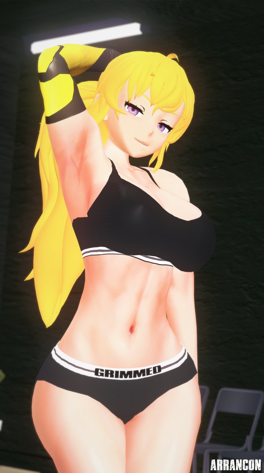 1girls abs arrancon bedroom_eyes black_tank_top blonde_female blonde_hair cleavage clothed_female gym_clothes gym_clothing gym_shorts gym_uniform hand_above_head ponytail purple_eyes robotic_arm rwby solo_female tank_top yang_xiao_long