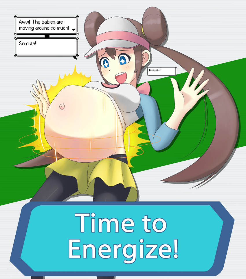 1girls alternate_breast_size big_belly big_breasts blue_eyes blush brown_hair cg3p double_bun female female_only fetal_movement green_background hat hud huge_belly human large_breasts long_hair meme motion_lines navel nintendo open_mouth pantyhose pokemon pokemon_bw2 pokemon_masters pose pregnant rosa_(pokemon) shirt shirt_lift skirt smile solo standing teeth text tongue twintails wide_hips yellow_skin