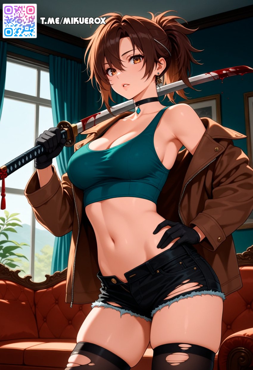 ai_generated bare_shoulders black_choker black_gloves black_shorts black_thighhighs blood blood_on_weapon breasts brown_eyes brown_hair brown_jacket choker cleavage collarbone couch cowboy_shot crop_top curtains cutoffs denim denim_shorts earrings exposed_pocket female gloves green_shirt hand_on_own_hip holding holding_sword holding_weapon indoors jacket jewelry katana large_breasts long_s