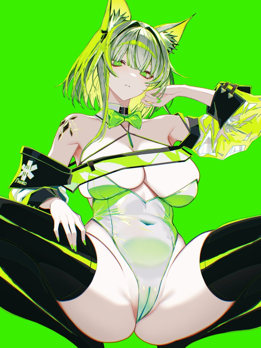 arknights bunnysuit cameltoe expressionless green_nails kal&#039;tsit_(arknights) large_breasts looking_at_viewer nail_polish painted_nails spread_legs squatting vxdrq