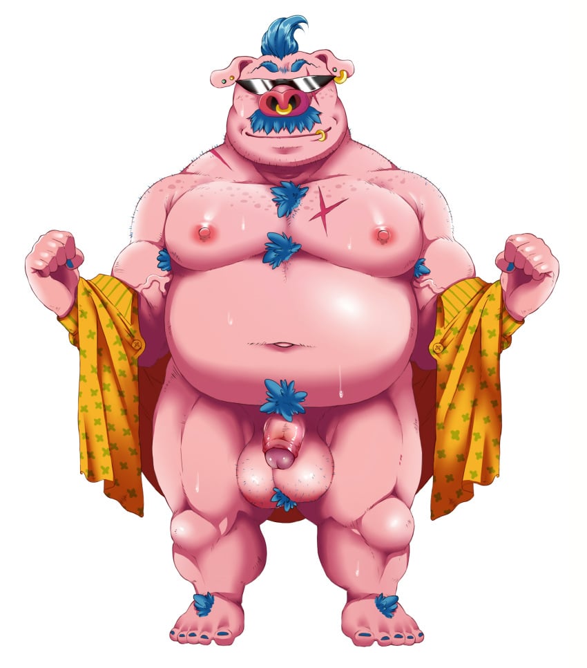 1boy 2016 absurd_res anthro belly big_belly big_testicles blue_hair bodily_fluids chubby clothing digital_media_(artwork) ear_piercing ear_ring eyewear facial_hair facial_piercing feet flaccid foreskin glans hair hairy hairy_testicles hi_res humanoid_penis large_testicles lip_piercing lip_ring looking_at_viewer male male_only mammal moobs moustache muscular muscular_male nipples nose_piercing nose_ring nude overcross overweight overweight_male penis piercing pig pink_skin retracted_foreskin scar simple_background smile solo standing sunglasses sweat testicles thick_thighs uncut undressing veins wide_hips