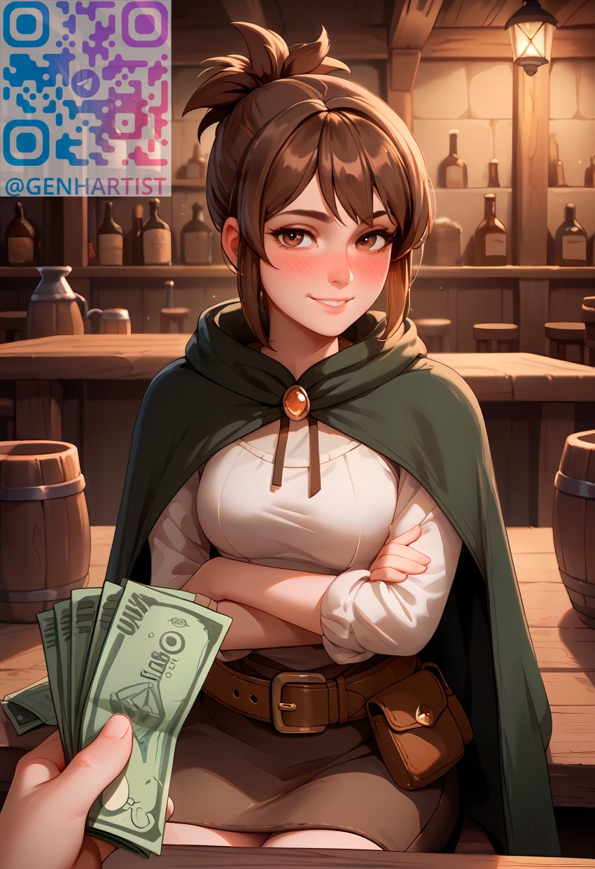 ai_generated brown_eyes brown_hair cloak crossed_arms dota_2 genhartist marci offering_money offering_sex qr_code shirt skirt smile