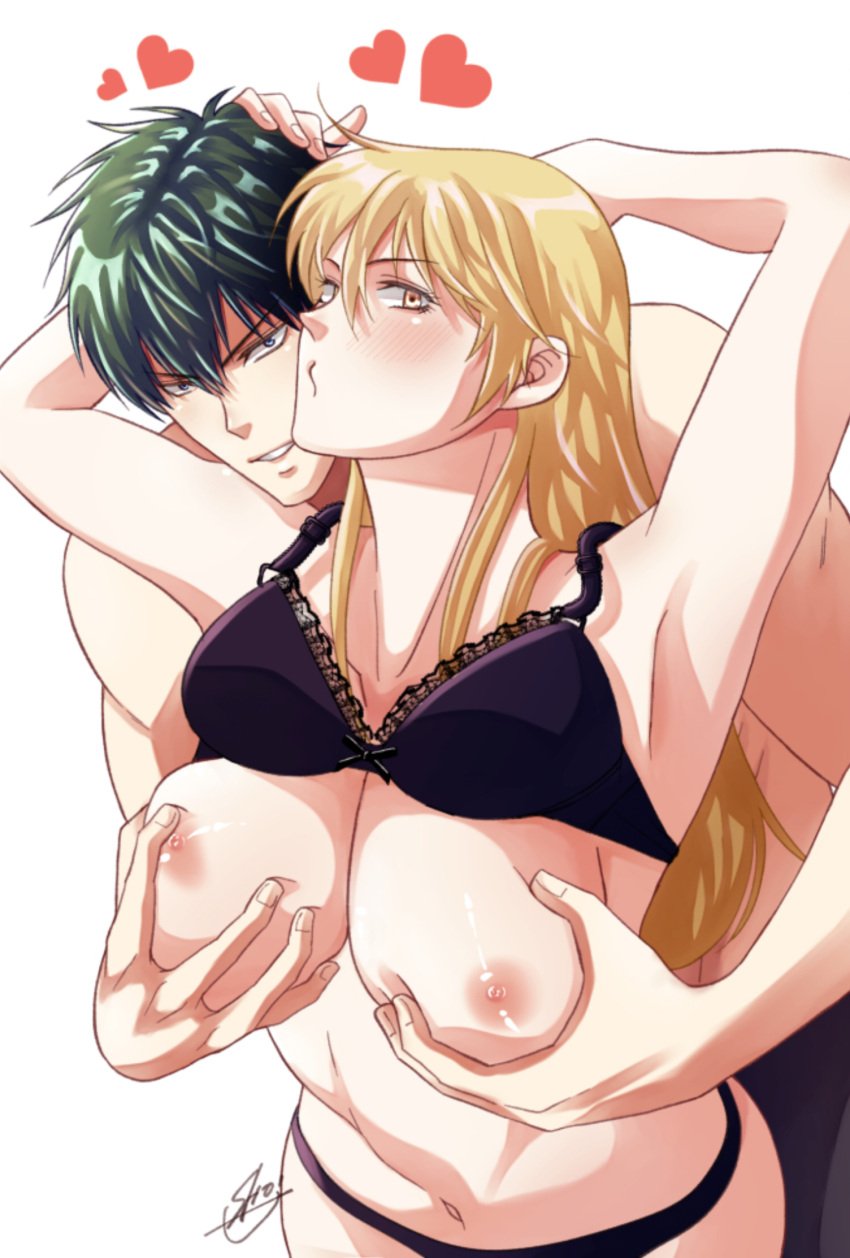 1boy 1girls arms_up big_breasts black_bra black_panties blonde_hair blush bra bra_lift breast_grab breast_hold breasts_out canon_genderswap cleavage dark_green_hair female genderswap_(mtf) gintama groping groping_breasts groping_from_behind hijikata_toshiro holding_breast holding_breasts kondou_goriko kondou_isao lace-trimmed_bra long_hair looking_at_viewer male panties rule_63 shocacao72 smile yellow_eyes