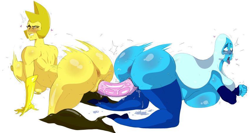 2girls all_fours anus bent_over big_ass blue_diamond_(steven_universe) blue_skin cartoon_network diamond_authority dildo gem_(species) guillion_(toshkarts) kneeling motion_lines multiple_girls nude sex_toy steven_universe sweat vaginal_penetration white_background yellow_diamond_(steven_universe) yellow_skin yuri