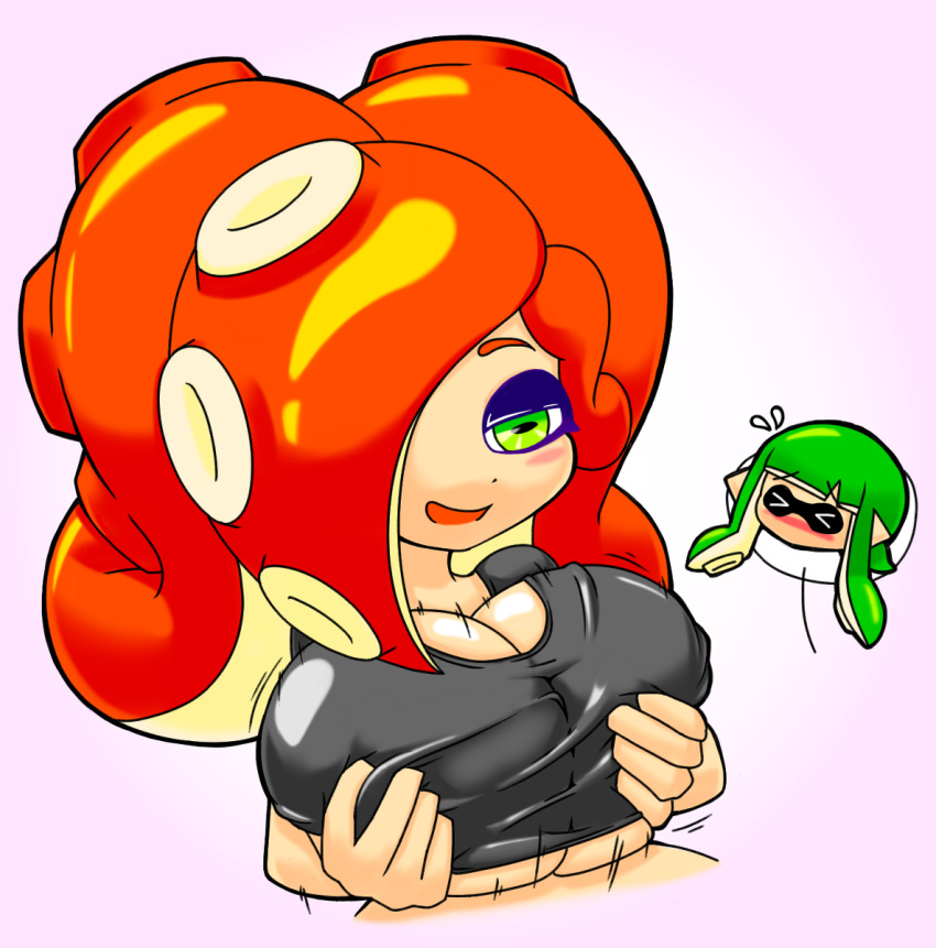 big_breasts breasts clothed clothed_female clothing female futa_on_female futanari green_eyes green_hair inkling inkling_girl intersex nintendo octoling octoling_rival open_mouth paizuri paizuri_under_clothes red_hair shaking shin_arialente splatoon white_background