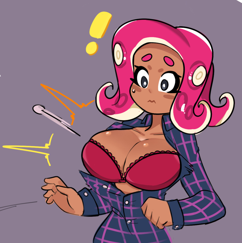 badguyvivi bra breasts bursting_breasts button female octoling pattern_clothing splatoon surprised