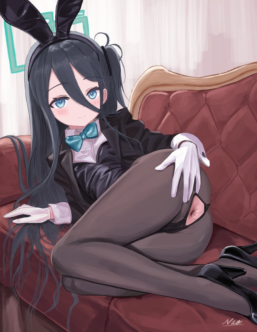 absurdres alternate_costume anal_invitation anal_only animal_ears anus aris_(blue_archive) ass blue_archive blush couch female gloves hair_ornament hairclip halo hand_on_own_ass high_heels highres indoors legs_together long_hair looking_at_viewer lying naonaonnnn neck_ribbon on_couch on_side pantyhose playboy_bunny presenting presenting_anus presenting_ass rabbit_ears ribbon smile solo spread_ass spreading_own_anus spreading_own_ass very_long_hair white_gloves young