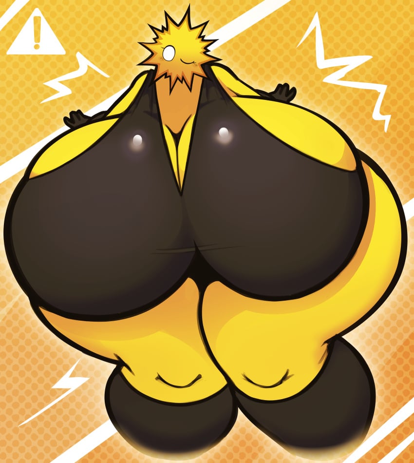 1girl angie_(ggil) breasts breasts_focus commission dewbber electricity female huge_breasts leotard no_pupils original_character tagme wide_hips wink yellow_body