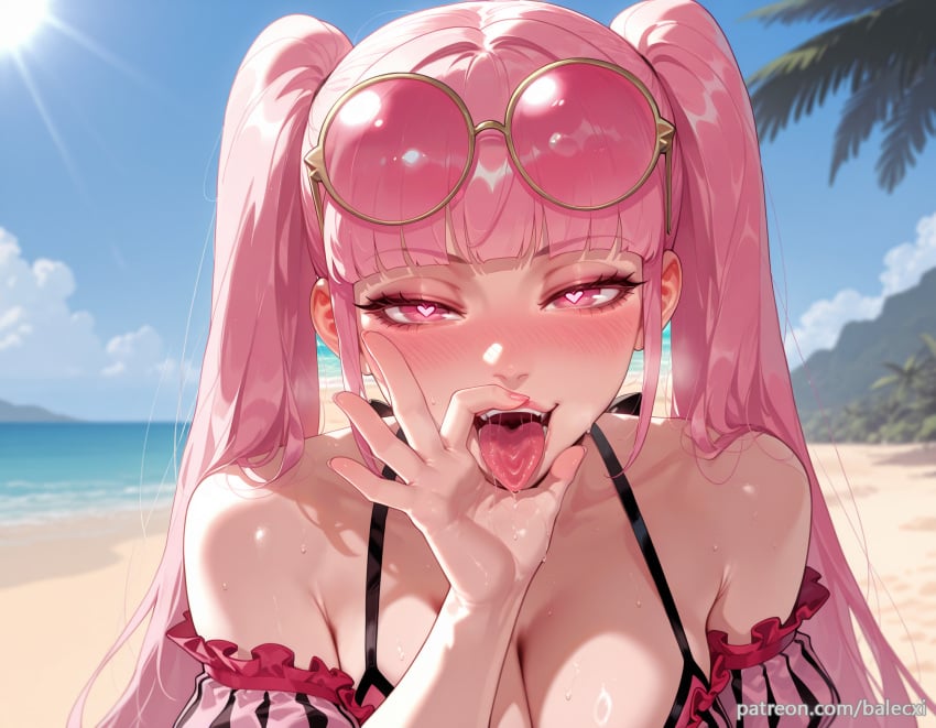 ai_generated balecxi bare_shoulders beach bikini blush breasts cleavage day eyewear_on_head fellatio_gesture female fire_emblem fire_emblem:_three_houses heart heart-shaped_pupils hilda_valentine_goneril long_hair looking_at_viewer naughty_face official_alternate_costume open_mouth oral_invitation outdoors pink_eyes pink_hair saliva saliva_trail sky solo sunglasses swimsuit symbol-shaped_pupils teeth tongue tongue_out twintails upper_body upper_teeth_only uvula