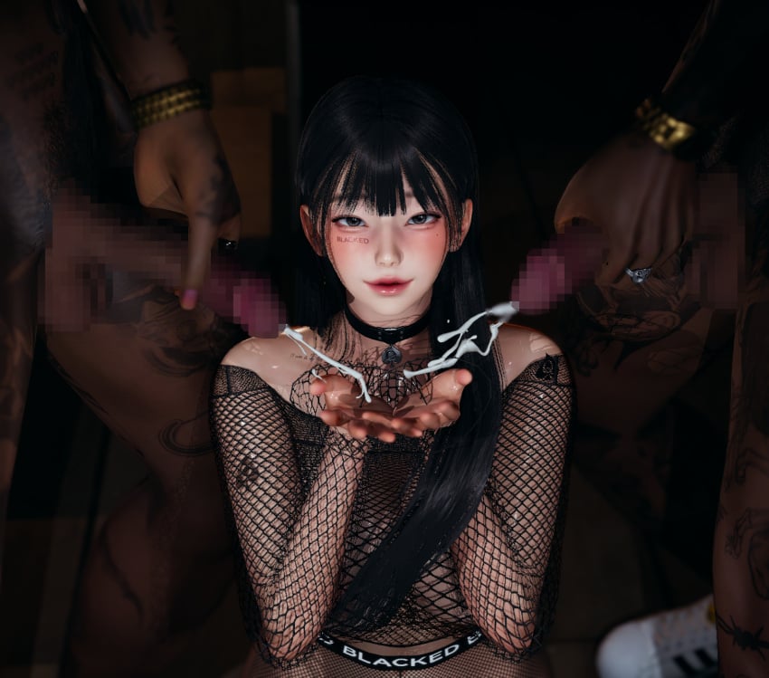 1girls 3d blacked_clothing cum fishnets freshcrabs honey_select imminent_sex looking_at_viewer middle_finger multiple_boys netorare original original_character phone queen_of_spades