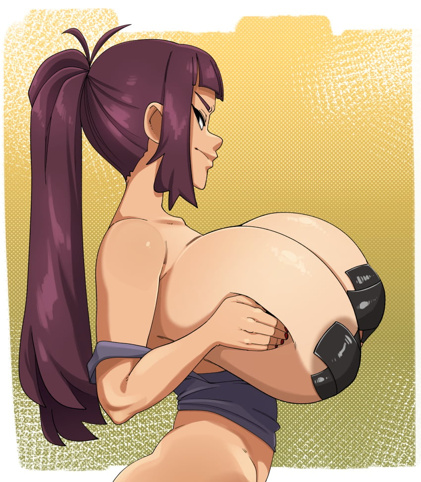 1girls big_breasts breasts brown_hair busty command_grab female female_only huge_breasts large_breasts long_hair looking_at_viewer massive_breasts nuclearwasabi original pasties png side_view solo wide_hips