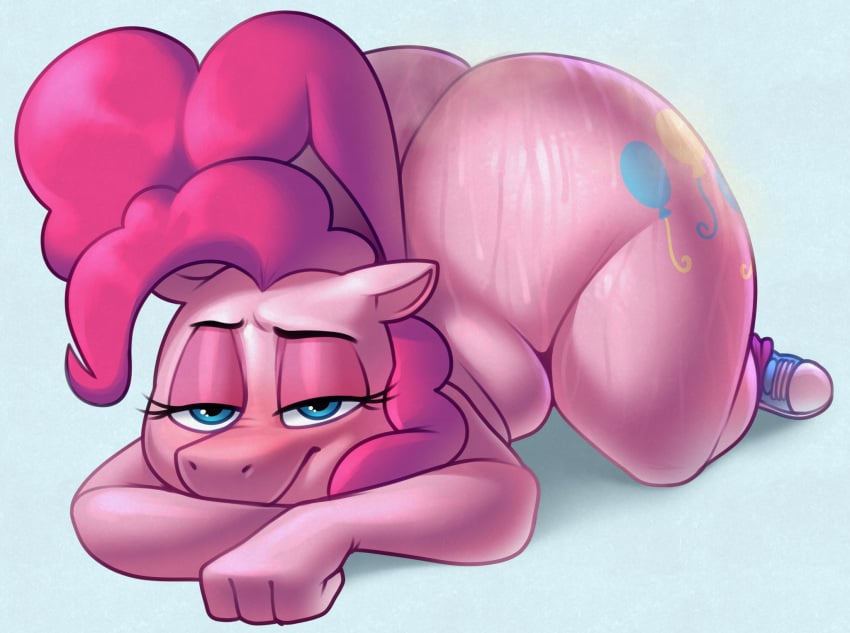 anthro ass ass_up bedroom_eyes big_butt bodily_fluids chipchell clothing cutie_mark equid equine female footwear footwear_only friendship_is_magic hair hasbro hi_res horse mammal mostly_nude musk my_little_pony narrowed_eyes pink_body pink_hair pinkie_pie_(mlp) pony seductive shoes shoes_only solo sweat sweaty_butt tail thick_thighs