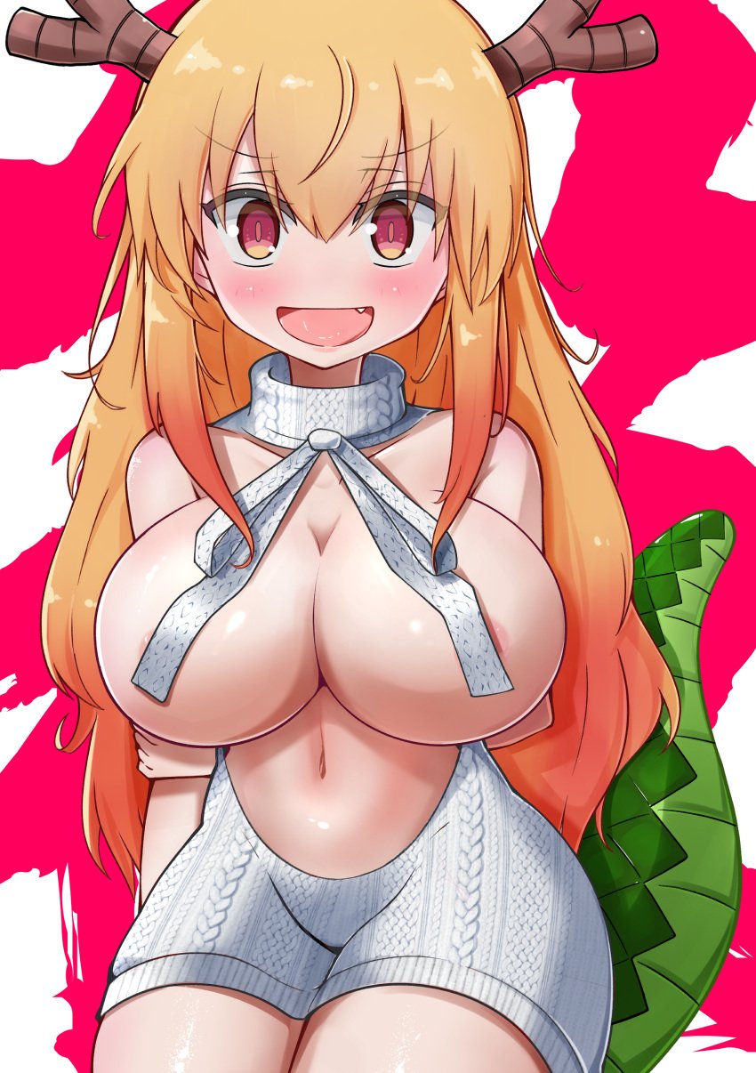 1girls alternate_costume areola_slip blush female kobayashi-san_chi_no_maidragon large_breasts miss_kobayashi's_dragon_maid open_mouth smile solo tagme thorteru virgin_killer_sweater wide_smile