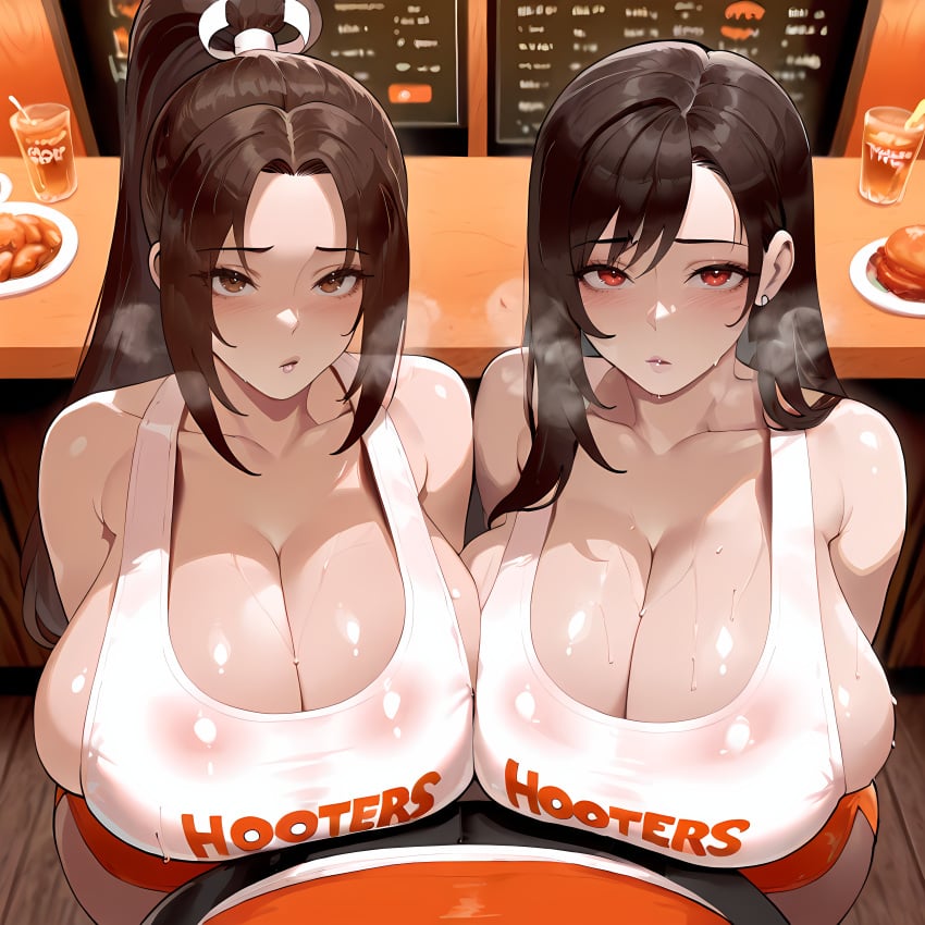 2girls absurd_res absurdres ai_generated alcohol alternate_breast_size bar bare_shoulders beer_mug blush bottle breasts_bigger_than_head cleavage collarbone comfyui crossover cup final_fantasy final_fantasy_vii from_above gigantic_breasts heavy_breathing high_ponytail highres hooters huge_breasts indoors king_of_fighters looking_at_viewer looking_up mai_shiranui massive_breasts mature_female meme milfs pov restaurant see-through shiranui_mai side-by-side sideboob square_enix stable_diffusion sweat tank_top taut_clothes tifa_lockhart video_games waitress xenomon